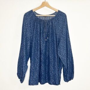 NWT NYDJ Animal Print Chambray Long Sleeve Blue Top Sz 2X